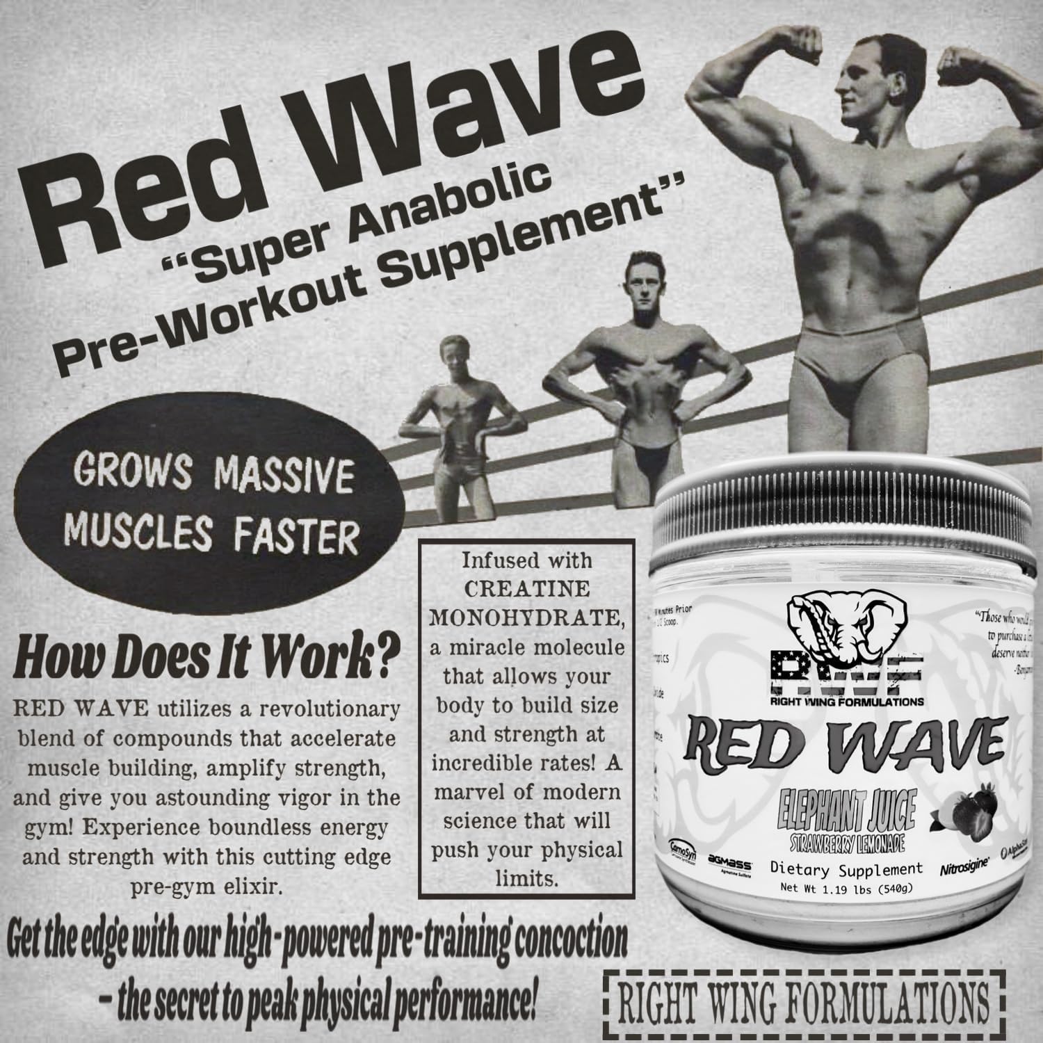 Red Wave Pre Workout Powder with Creatine - Fully Dosed Supplement for Men & Women, Citrulline, Beta-Alanine, 300mg Caffeine, Nootropics, Long Lasting Energy - 540g