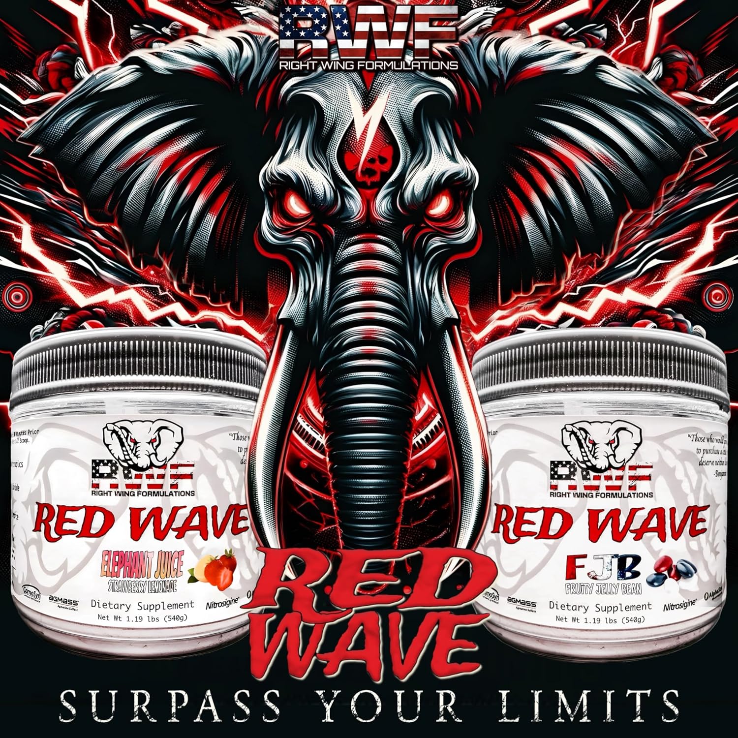 Red Wave Pre Workout Powder with Creatine - Fully Dosed Supplement for Men & Women, Citrulline, Beta-Alanine, 300mg Caffeine, Nootropics, Long Lasting Energy - 540g