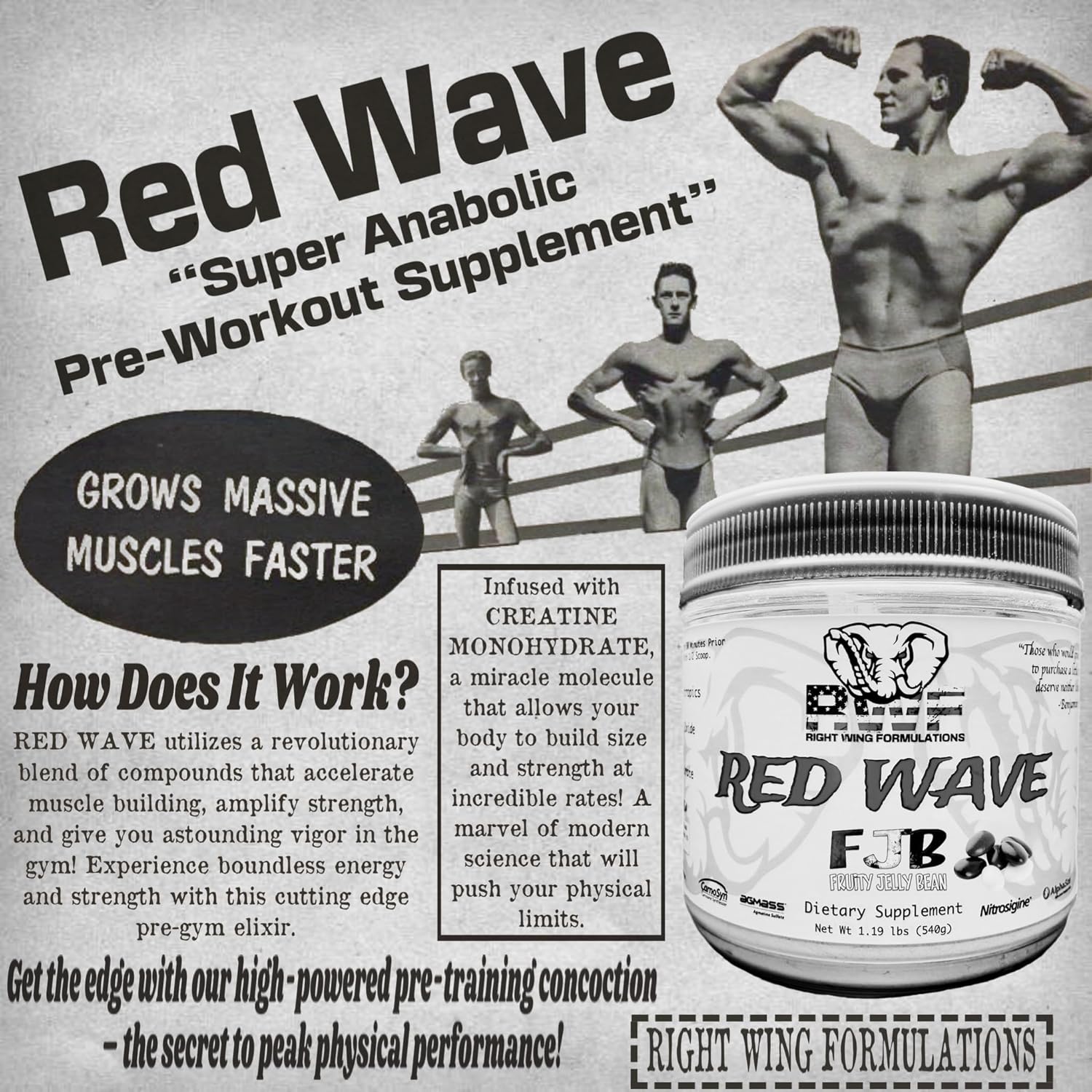 Red Wave Pre-Workout Powder with Creatine for Men and Women - Citrulline, Beta-Alanine, Caffeine, Nootropics, Long Lasting Energy - 540g (Fruity Jelly Bean)