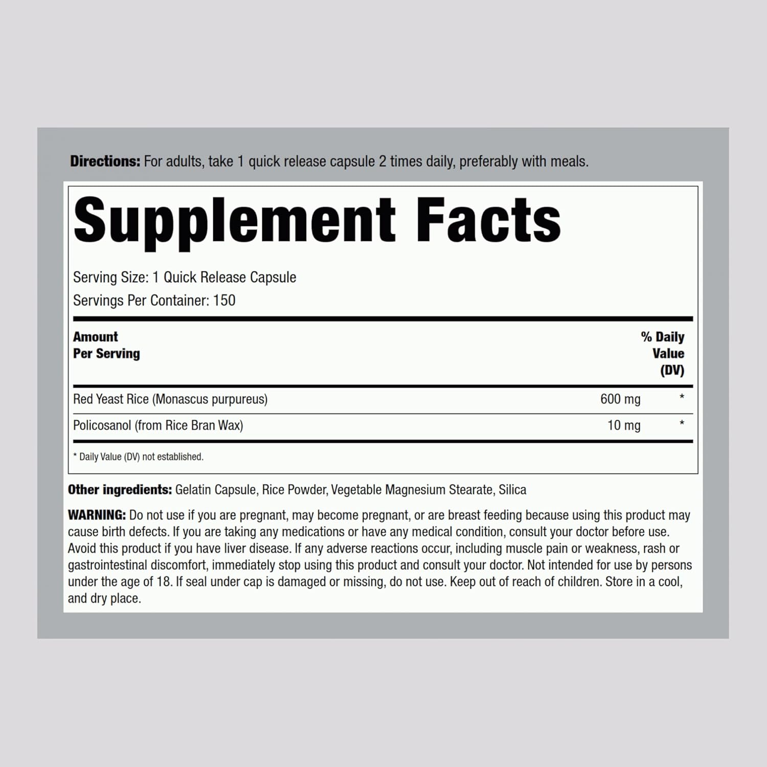 Red Yeast Rice Capsules - 600mg with Policosanol | Non-GMO & Gluten Free Supplement | 150 Count