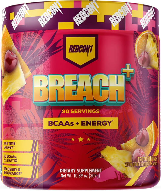 REDCON1 Breach+ Energy, Tropical Punch BCAA Powder - Sugar Free with 175 mg Caffeine - 3 Essential Amino Acids - 30 Servings
