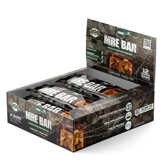 Redcon1 Mossy Oak MRE Protein Bar, Caramel Trail Mix - 20g Whole Food Protein + MCT Oil - Digestible, Low Sugar Meal Replacement Bar (12 Pack)