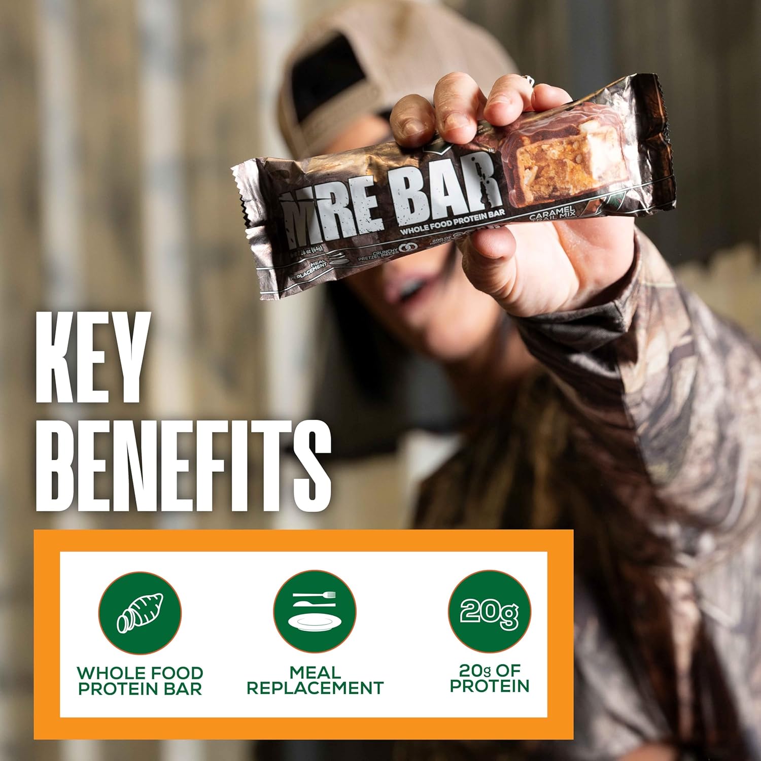Redcon1 Mossy Oak MRE Protein Bar, Caramel Trail Mix - 20g Whole Food Protein + MCT Oil - Digestible, Low Sugar Meal Replacement Bar (12 Pack)