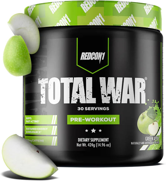 REDCON1 Total War Green Apple Pre Workout Powder - Fast Acting Caffeinated Preworkout with Beta Alanine for Men + Women - Citrulline Malate for Pump + Blood Flow (30 Servings)
