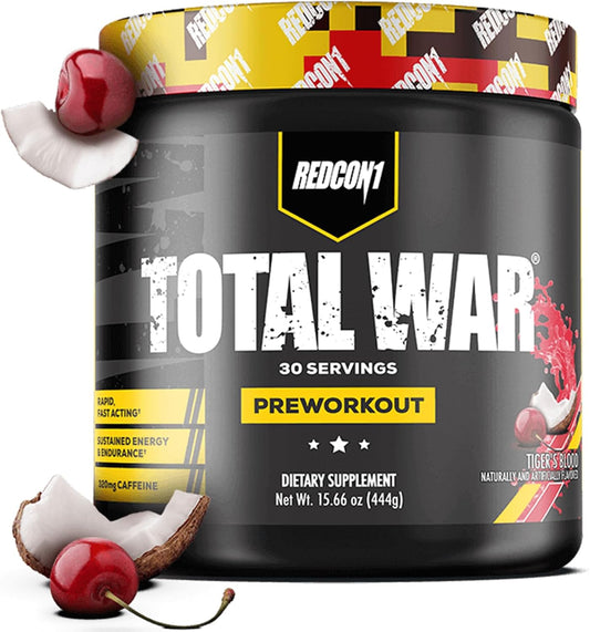 REDCON1 Total War Pre Workout with Beta Alanine, L Citrulline, Green Tea Extract - Pump Boosting Formula for Men & Women, Tiger's Blood Flavor, 30 Servings