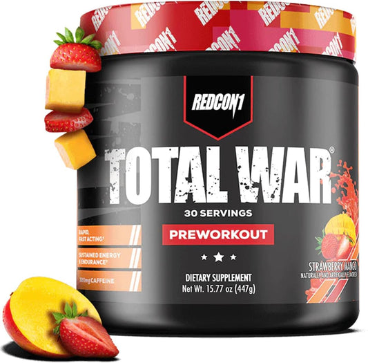 REDCON1 Total War Pre Workout with L Citrulline & Green Tea Extract - Pump Boosting Supplement for Women & Men - Reduce Exhaustion, Strawberry Mango Flavor - 30 Servings