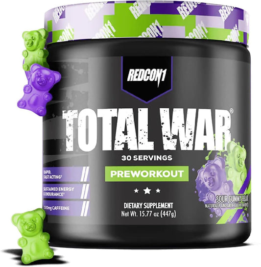 REDCON1 Total War Preworkout - Sour Gummy Bear Flavor, 30 Servings - Amino Acids for Pump, Energy, and Endurance - High Caffeine Content from Green Tea and Juniper