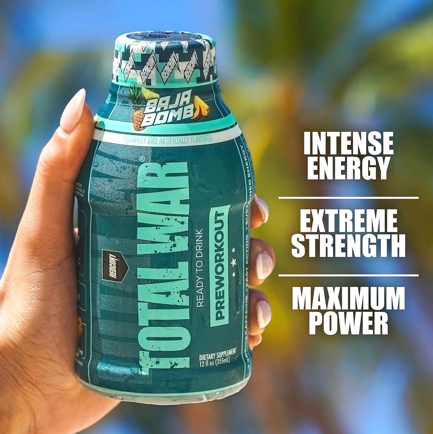 REDCON1 Total War RTD Preworkout, Baja Bomb Flavor - 350mg Caffeine, Beta Alanine, Citrulline Malate for Pump - 12 Pack