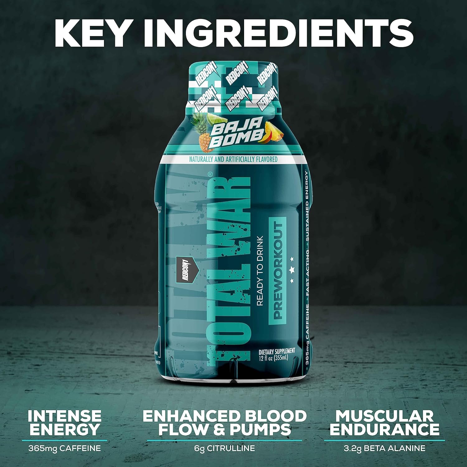 REDCON1 Total War RTD Preworkout, Baja Bomb Flavor - 350mg Caffeine, Beta Alanine, Citrulline Malate for Pump - 12 Pack