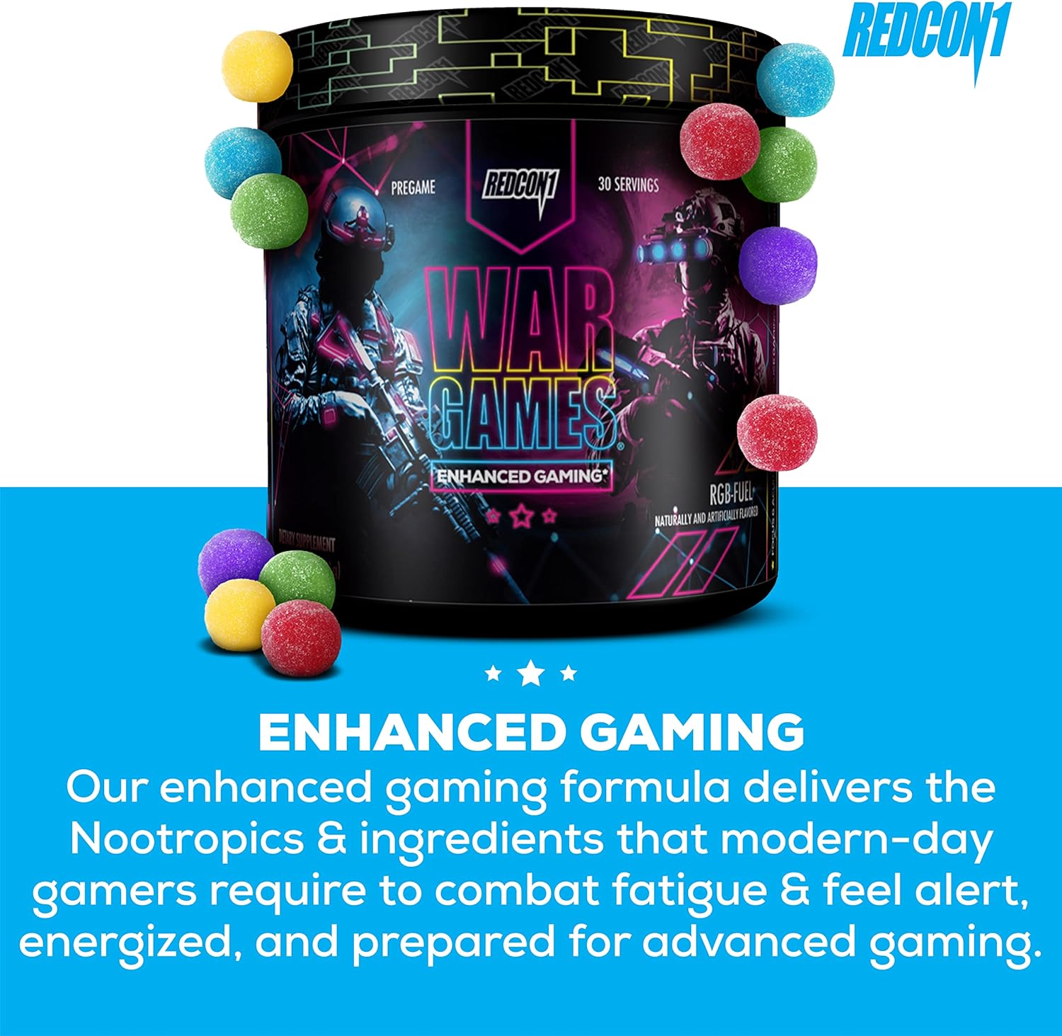 REDCON1 War Games RGB-Fuel Focus Formula with Nootropics - Keto Friendly Supplement with Green Tea Extract, Yerba Mate, TeaCrine & Dynamine (30 Servings)