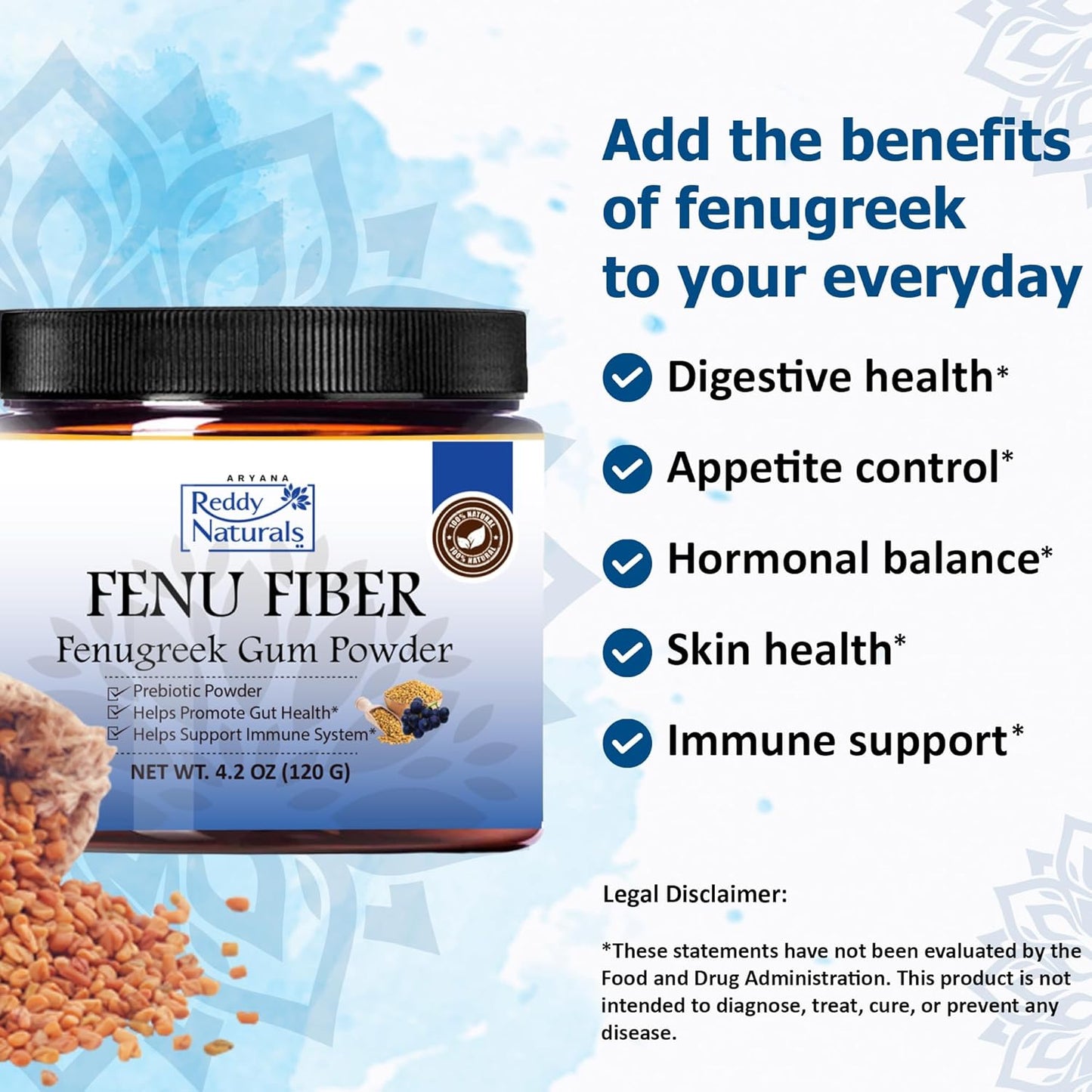 Reddy Naturals Aryana FENU Fiber Powder with Muscadine Polyphenols for Metabolic Support, Immune & Gut Health - 4.2 OZ