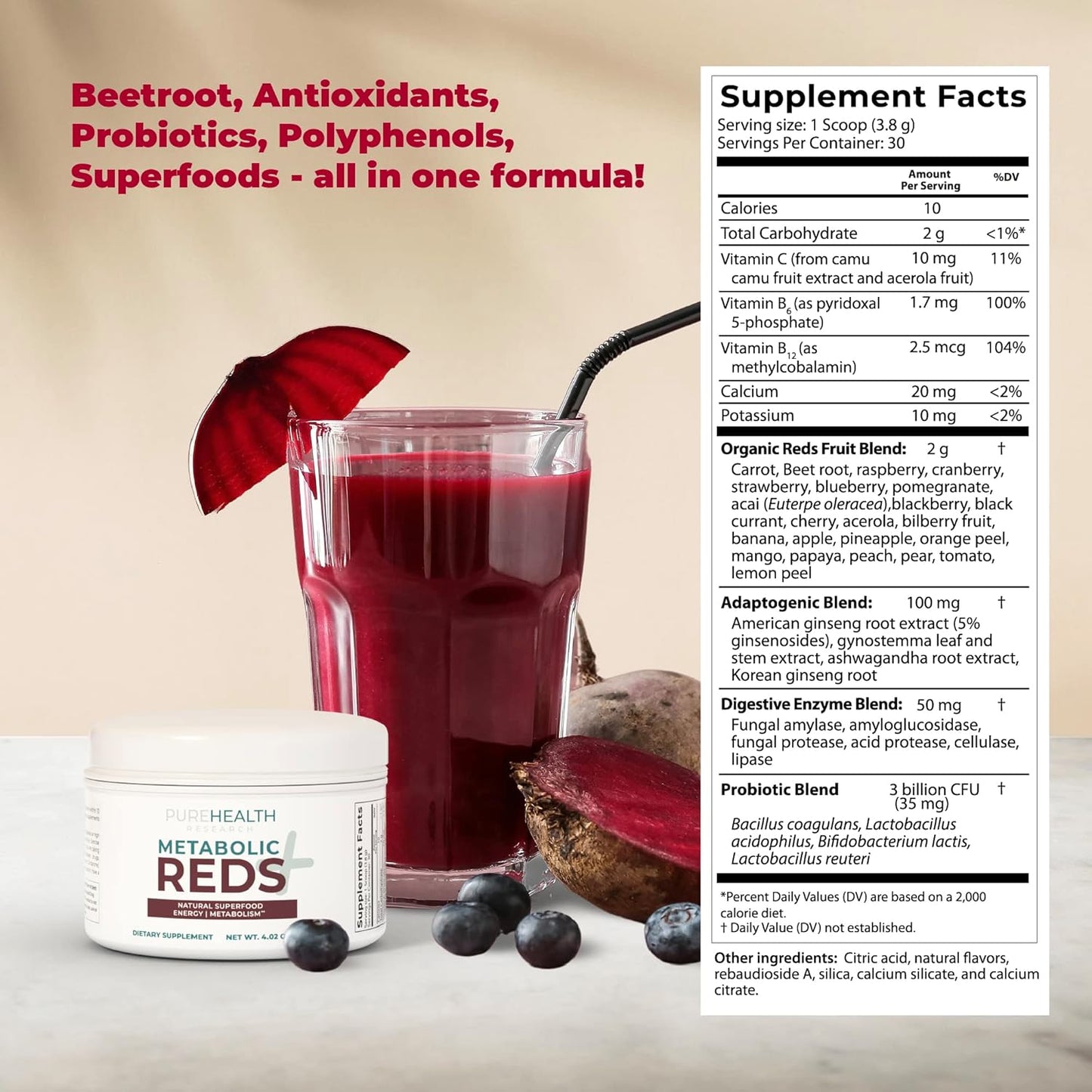 Reds Superfoods Powder: Low-Calorie Fruit & Veg Adaptogen Drink with Beetroot, Polyphenols, Probiotics - Antioxidant Energy Boost, 30 Servings
