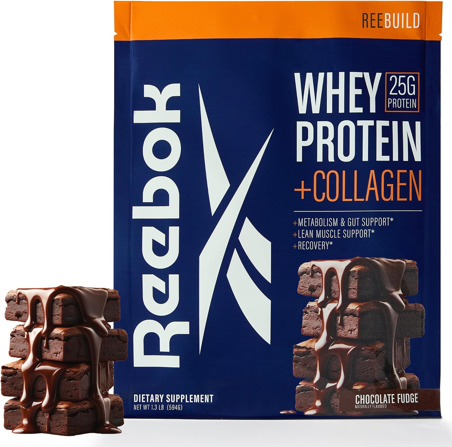 Reebok ReeBuild Whey Protein + Collagen Powder - 25g Protein, 9 Amino Acids - Muscle Growth, Joint & Gut Health - Chocolate Fudge Flavor