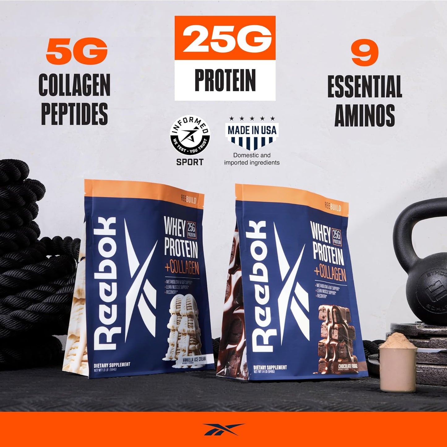 Reebok ReeBuild Whey Protein + Collagen Powder - 25g Protein, 9 Amino Acids - Muscle Growth, Joint & Gut Health - Chocolate Fudge Flavor