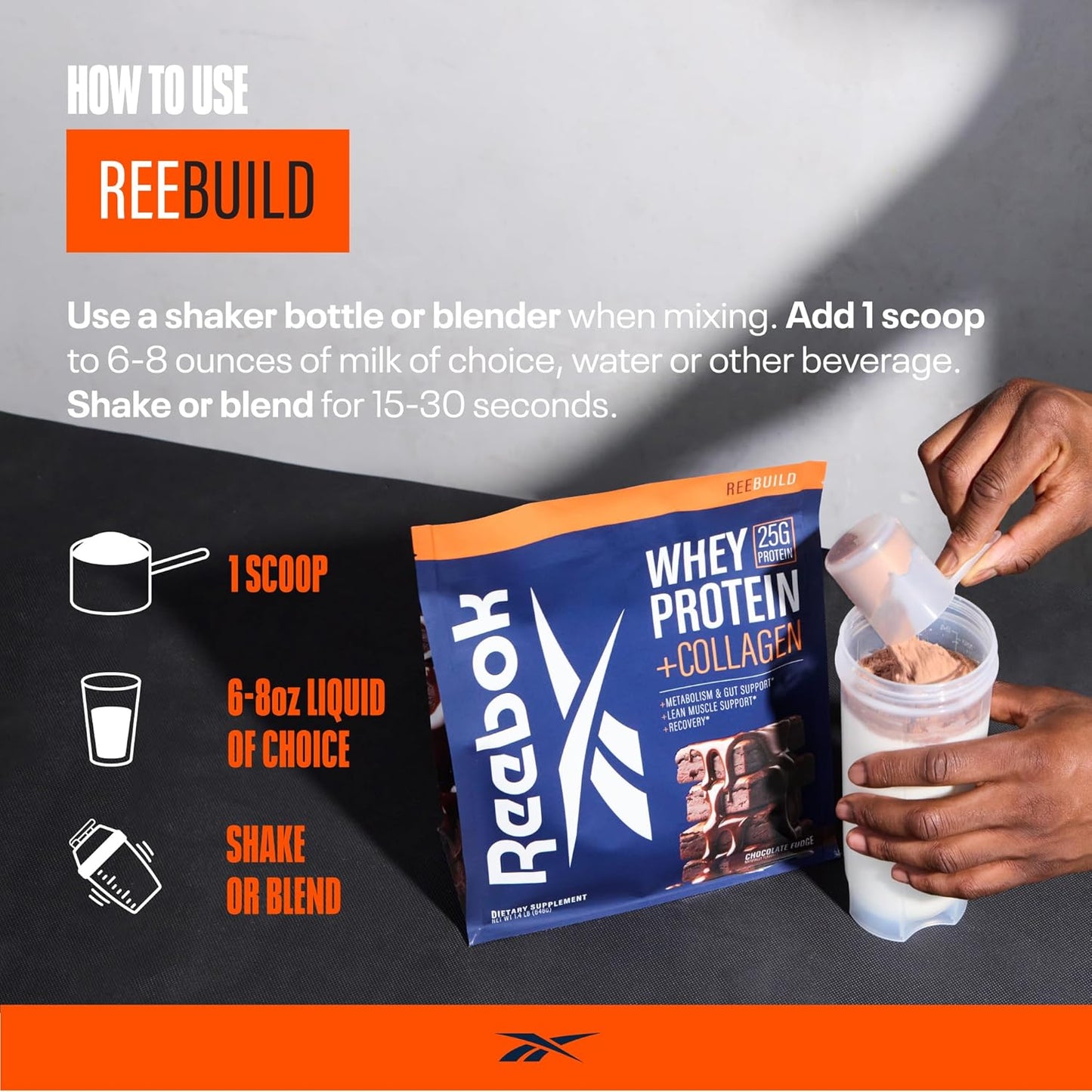 Reebok ReeBuild Whey Protein + Collagen Powder - 25g Protein, 9 Amino Acids - Muscle Growth, Joint & Gut Health - Chocolate Fudge Flavor
