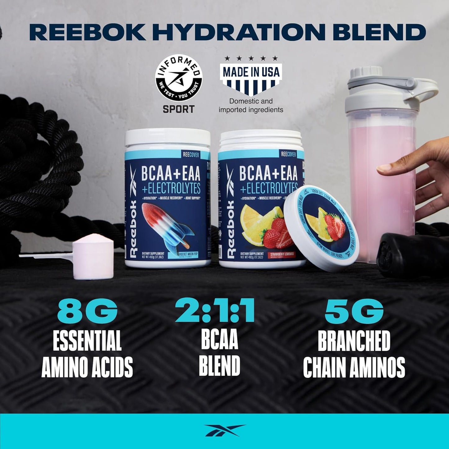 Reebok ReeCover Post-Workout Supplement | 8g EAAs, 5g BCAAs, Electrolytes | Muscle Recovery, Strength | Rocket Moon Pop Flavor | 30 Servings