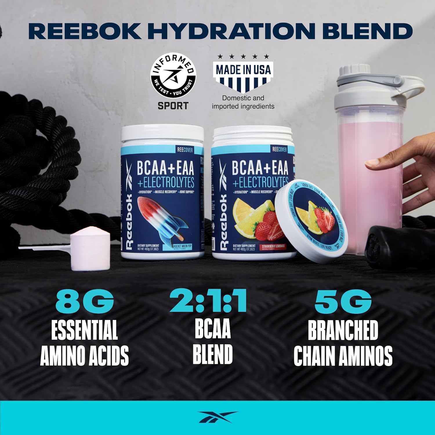 Reebok ReeCover Post-Workout Supplement | 8g EAAs, 5g BCAAs, Electrolytes | Muscle Recovery, Strength | Rocket Moon Pop Flavor | 30 Servings