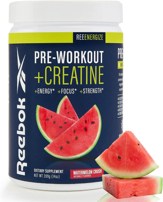 Reebok ReeEnergize Pre-Workout with Creatine - Boost Energy, Focus, and Strength with 200MG Caffeine, 3G Creatine, and 4G Citrulline - Nitric Oxide Booster - Watermelon Crush Flavor - 25 Servings