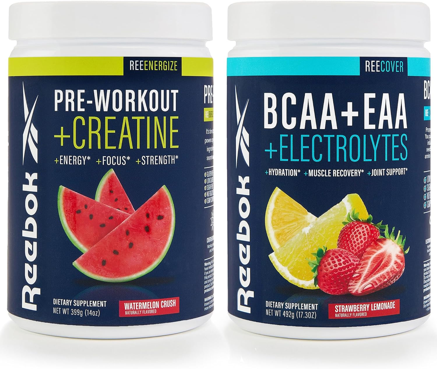Reebok ReeEnergize & ReeCover Bundle - Pre-Workout & BCAA Recovery System - Watermelon Crush & Strawberry Lemonade - Train & Recover Pack