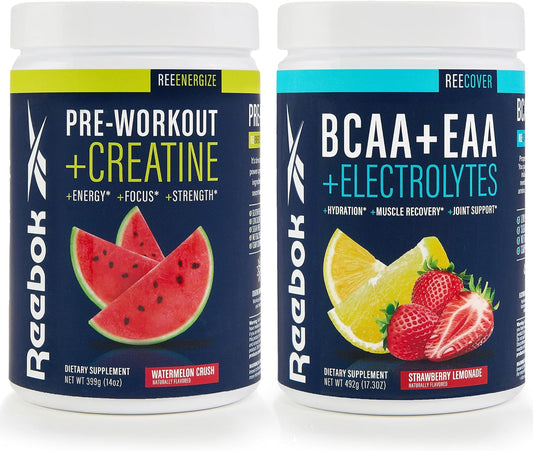 Reebok ReeEnergize & ReeCover Bundle - Pre-Workout & BCAA Recovery System - Watermelon Crush & Strawberry Lemonade - Train & Recover Pack