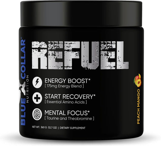 Refuel with Blue Collar Nutrition Amino Acid Energy Powder - 40 Servings for Energy, Focus, and Recovery - Peach Mango Flavor