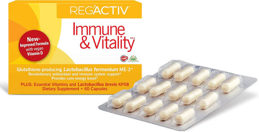 Reg'Activ Immune & Vitality Supplement with Lactobacillus fermentum ME-3, brevis KP08, Vegan Vitamin D3, and Essential B-Vitamins for Health