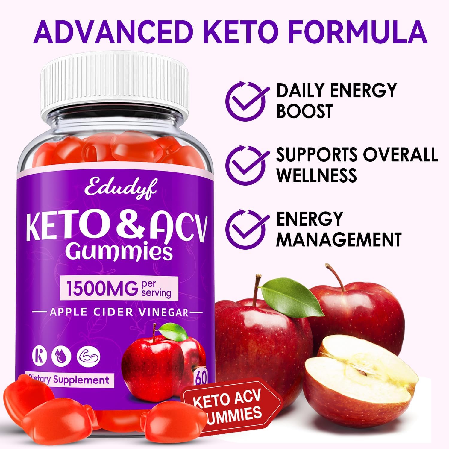 Regio EDUDYF 1500mg Apple Cider Vinegar Gummies with Probiotics, B12, Keto Support - Vegan & Non-GMO - 120C - Promotes Healthy Stature