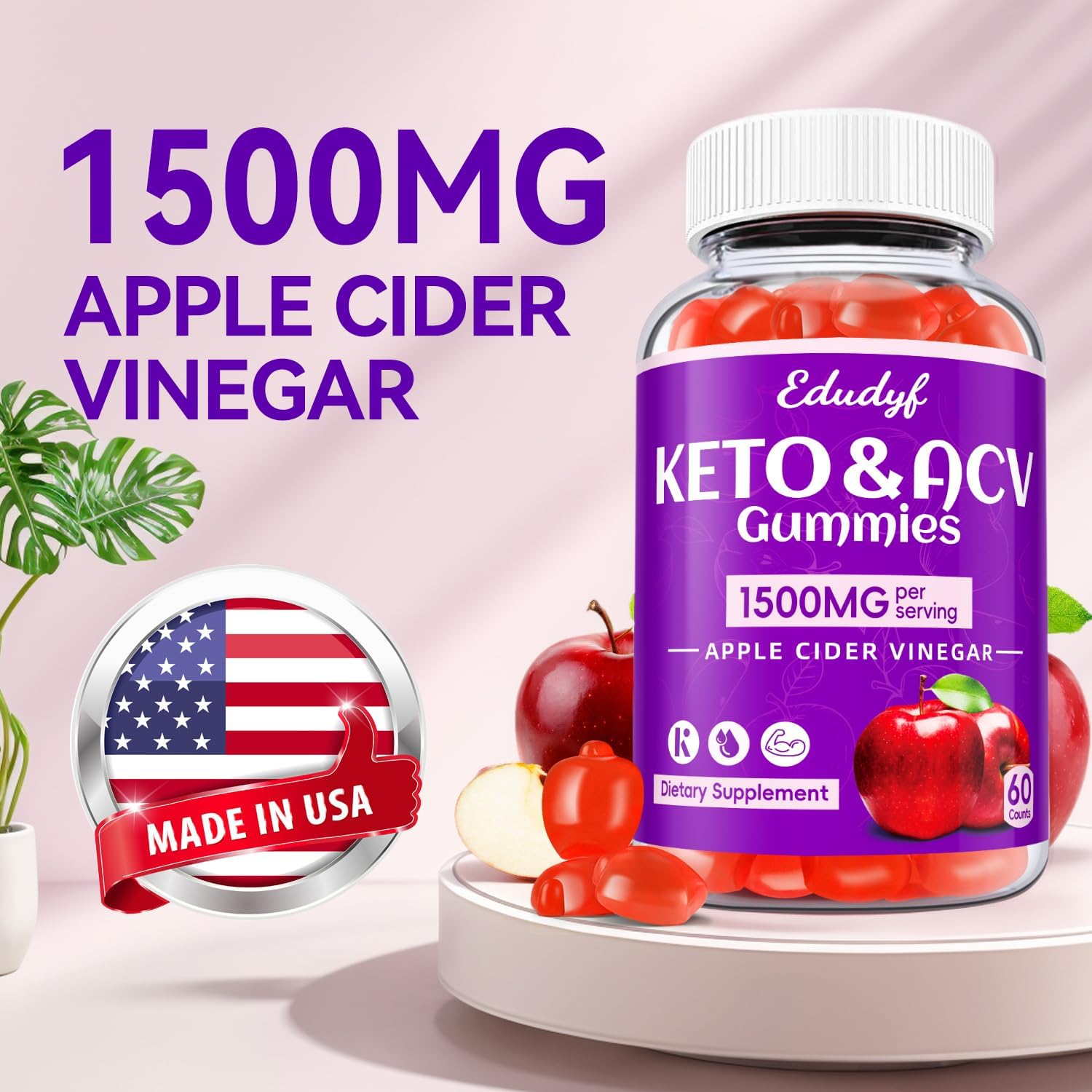 Regio EDUDYF 1500mg Apple Cider Vinegar Gummies with Probiotics, B12, Keto Support - Vegan & Non-GMO - 120C - Promotes Healthy Stature
