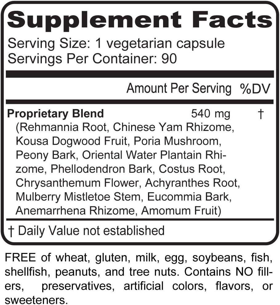 Rehmannia Formula Liver and Kidney Cleanse Supplement - Boost Vitality - 90 Vegetarian Capsules
