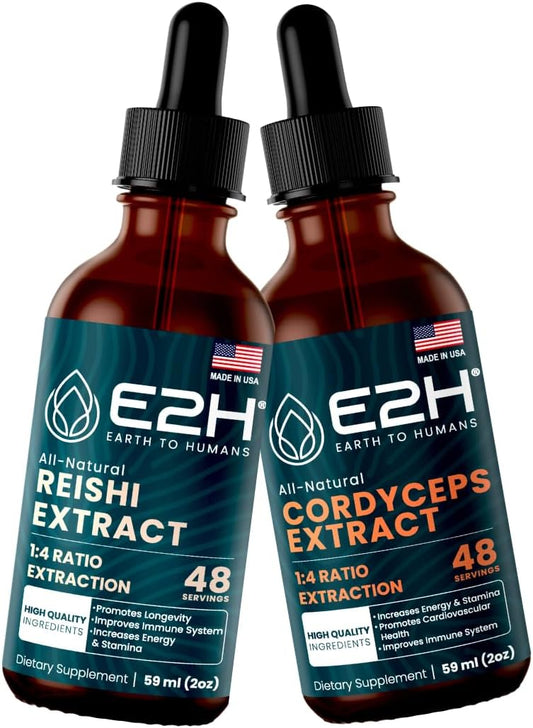 Reishi & Cordyceps Extracts for Energy, Longevity, Stamina & Immune Support - Non-GMO, Vegan - 2oz Bottles (4oz Total)
