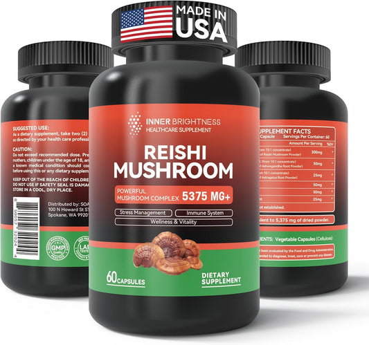 Reishi Mushroom Capsules with Cordyceps, Chaga, & Ashwagandha - Immune Health & Energy Support, 60 Count
