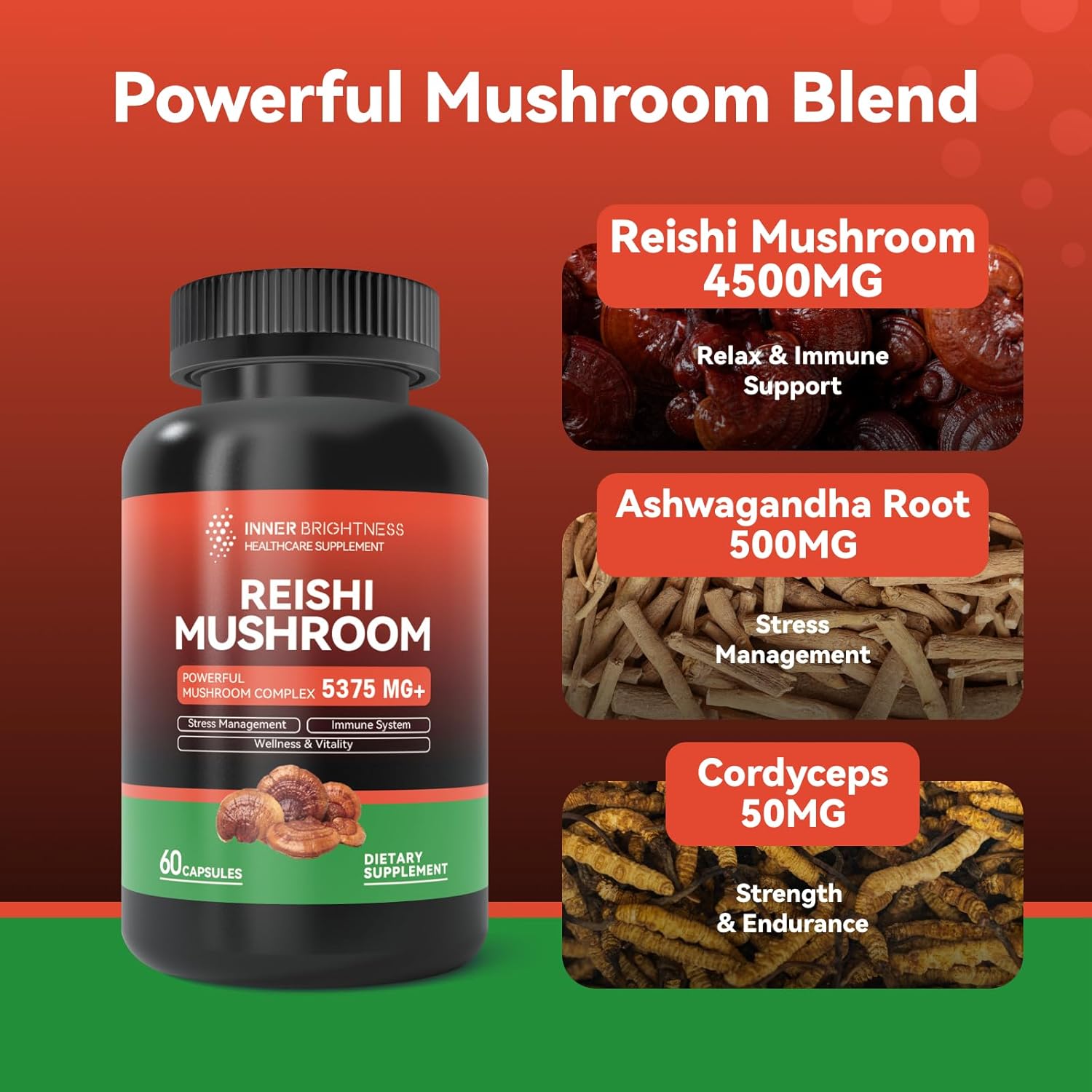 Reishi Mushroom Capsules with Cordyceps, Chaga, & Ashwagandha - Immune Health & Energy Support, 60 Count