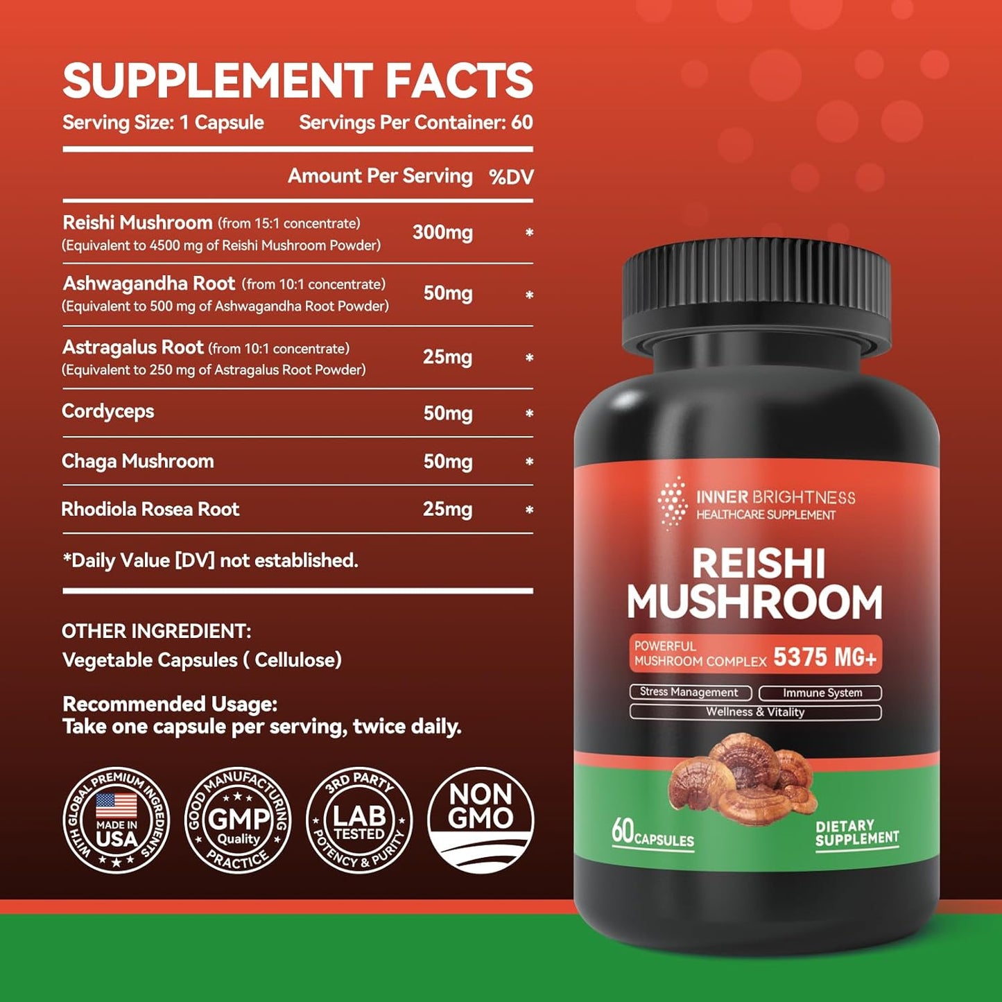 Reishi Mushroom Capsules with Cordyceps, Chaga, & Ashwagandha - Immune Health & Energy Support, 60 Count