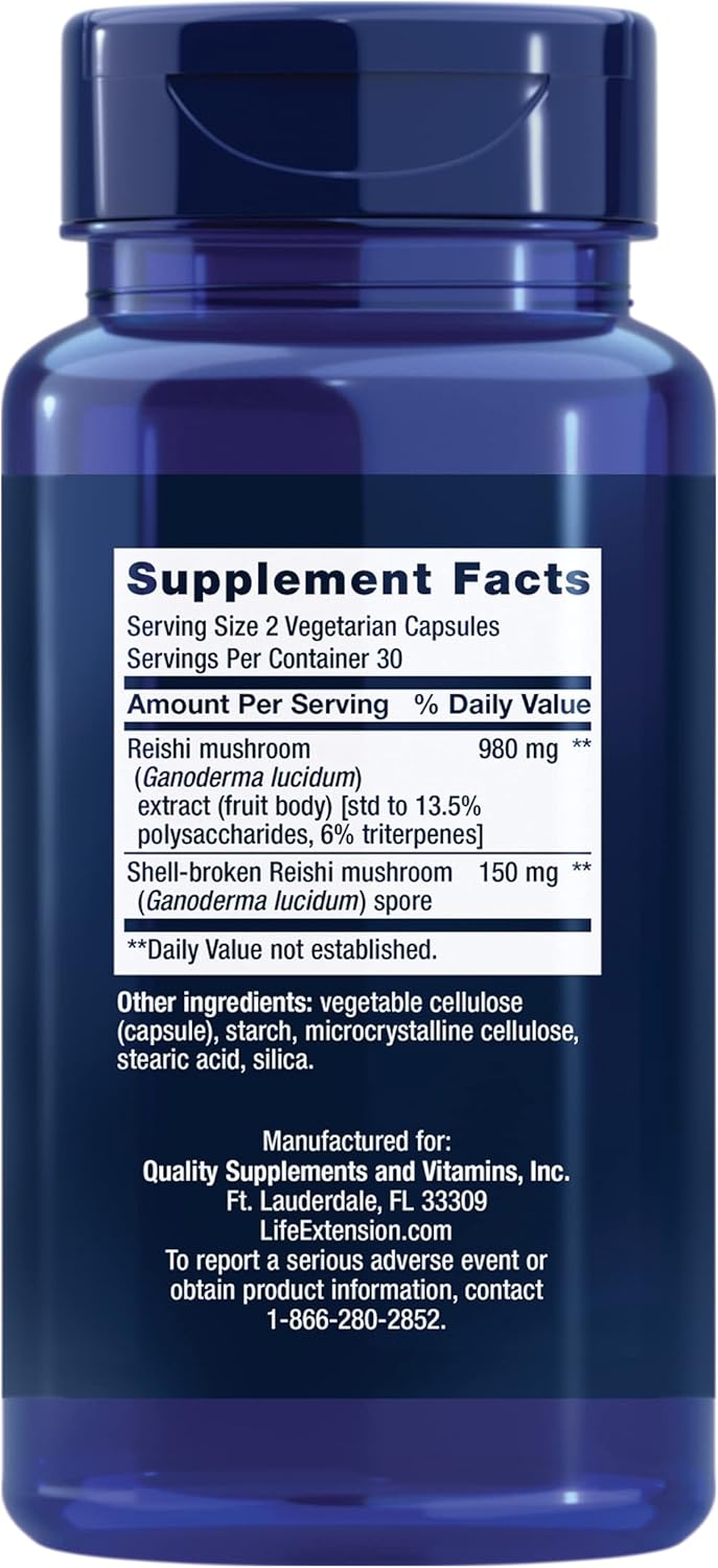 Reishi Mushroom Complex Supplement for Immune Support - Ganoderma Lucidum Extract - Gluten-Free, Non-GMO, Vegetarian - 60 Capsules for Life Extension