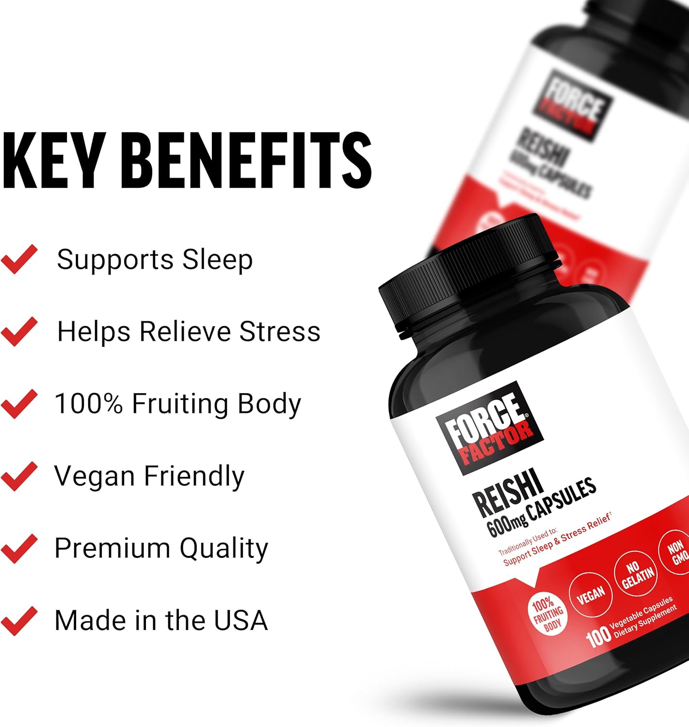 Reishi Mushroom Stress Relief and Sleep Support Supplement - Vegan, Non-GMO, 100 Vegetable Capsules