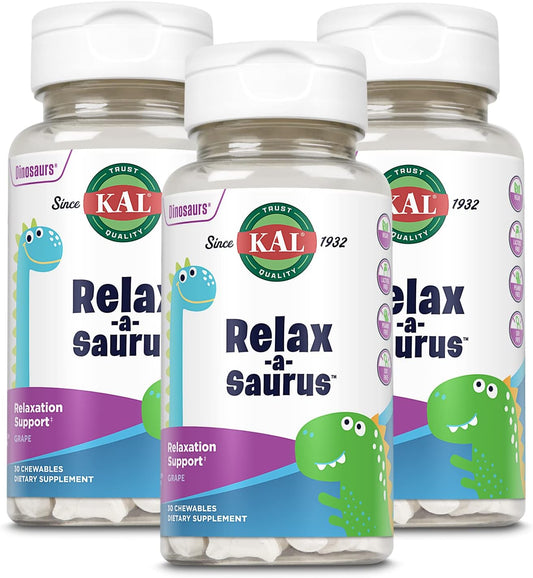 Relax-a-Saurus Kids Stress Support Supplement - Grape Flavor - 90 Chewables - Herbal Blend - L-Theanine - 60-Day Guarantee