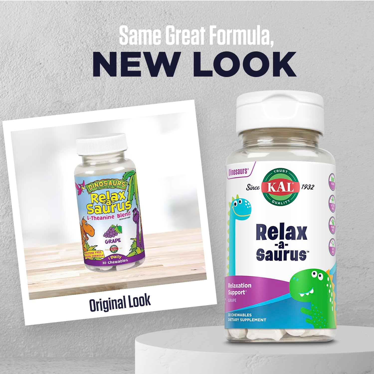 Relax-a-Saurus Kids Stress Support Supplement - Grape Flavor - 90 Chewables - Herbal Blend - L-Theanine - 60-Day Guarantee