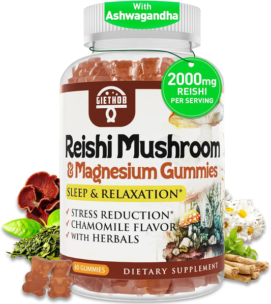 Relaxation Gummies with Reishi Mushroom Extract, Ashwagandha, Magnesium - Vegan Cortisol Supplements for Men & Women - 60 Gummies