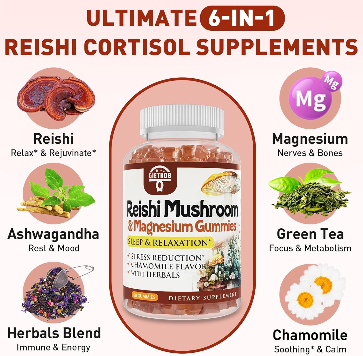 Relaxation Gummies with Reishi Mushroom Extract, Ashwagandha, Magnesium - Vegan Cortisol Supplements for Men & Women - 60 Gummies