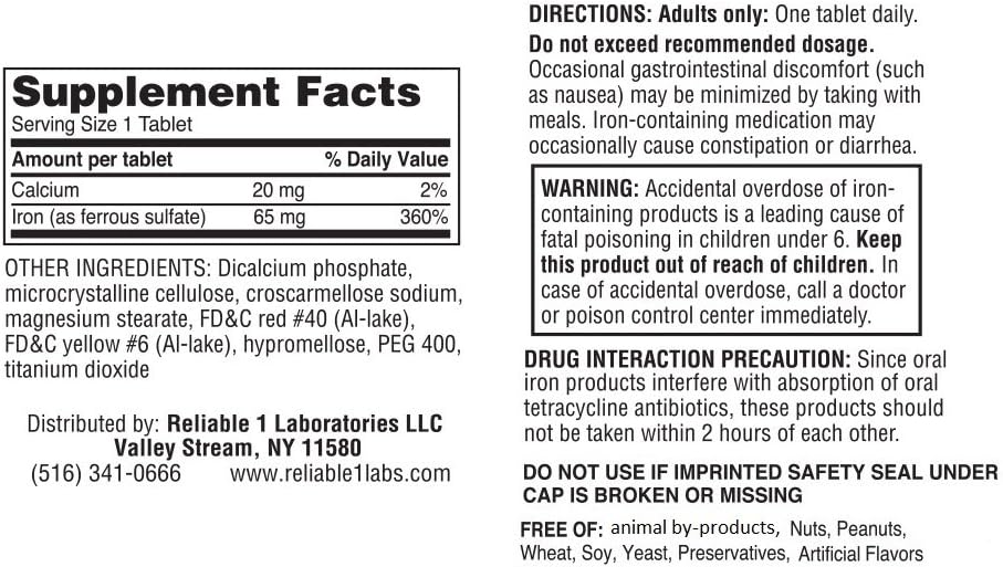 Reliable-1 Labs Ferrous Sulfate 325mg Iron Supplement for Anemia - 100 Tablets - Men and Women Iron Pills - Iron Deficiency Support
