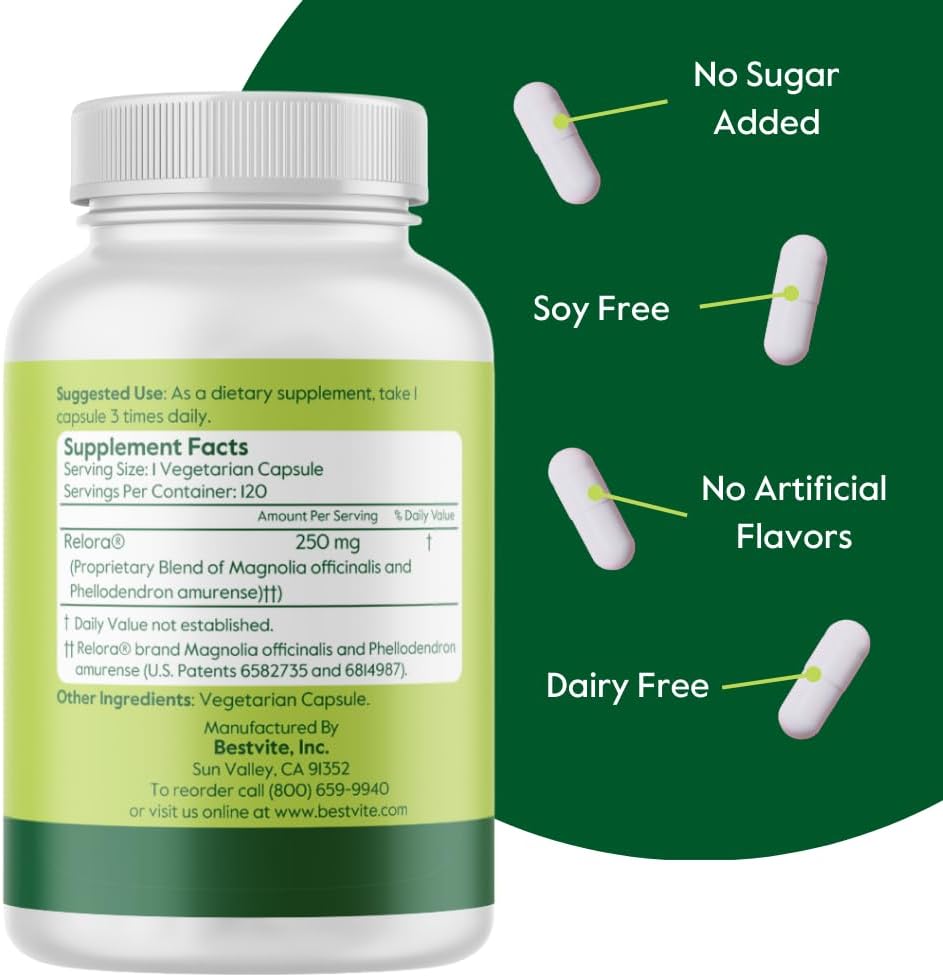 Relora 250mg Capsules - 240 Vegetarian Capsules (120 x 2) - Pure Formula without Fillers, Stearates, or Flow Agents