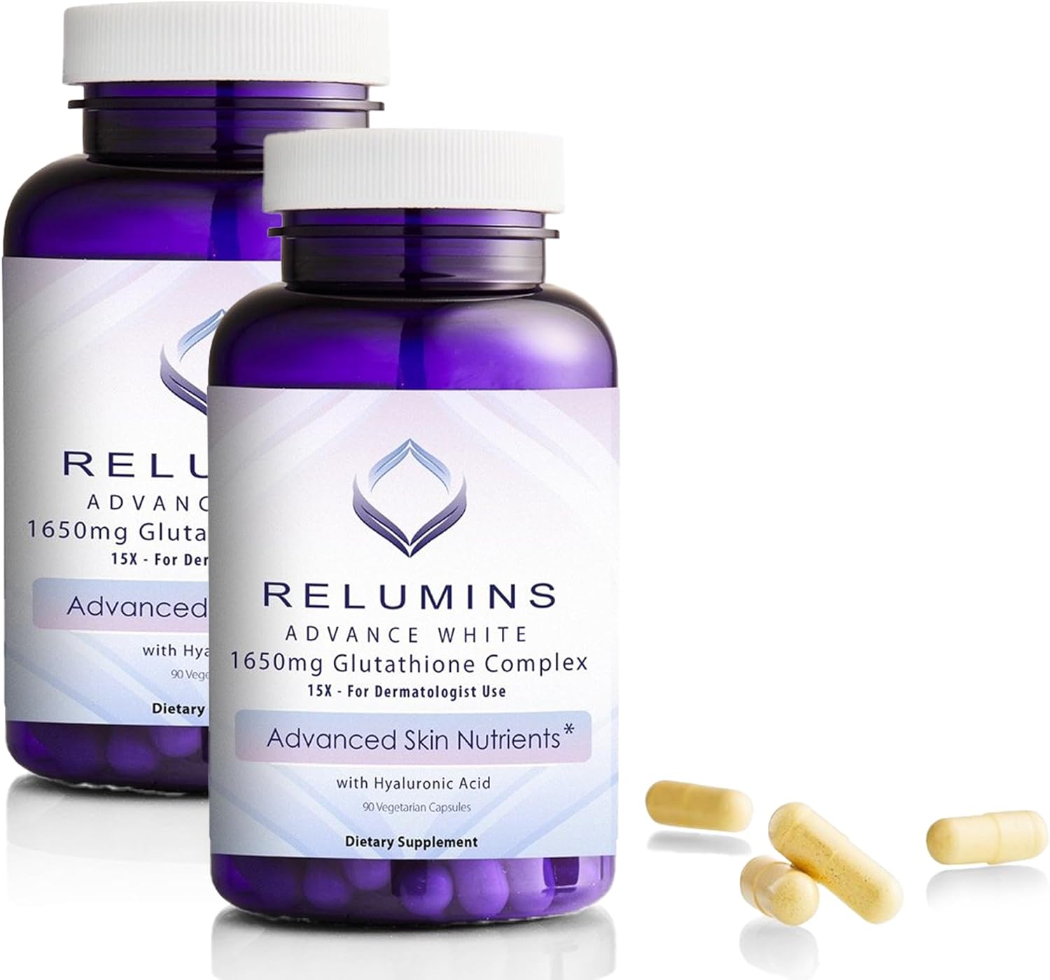 Relumins 1650mg Glutathione Complex Supplement with Hyaluronic Acid, Alpha Lipoic Acid, Rose HIPS, Riboflavin, Vitamin E - 180 Capsules - 2 Bottles