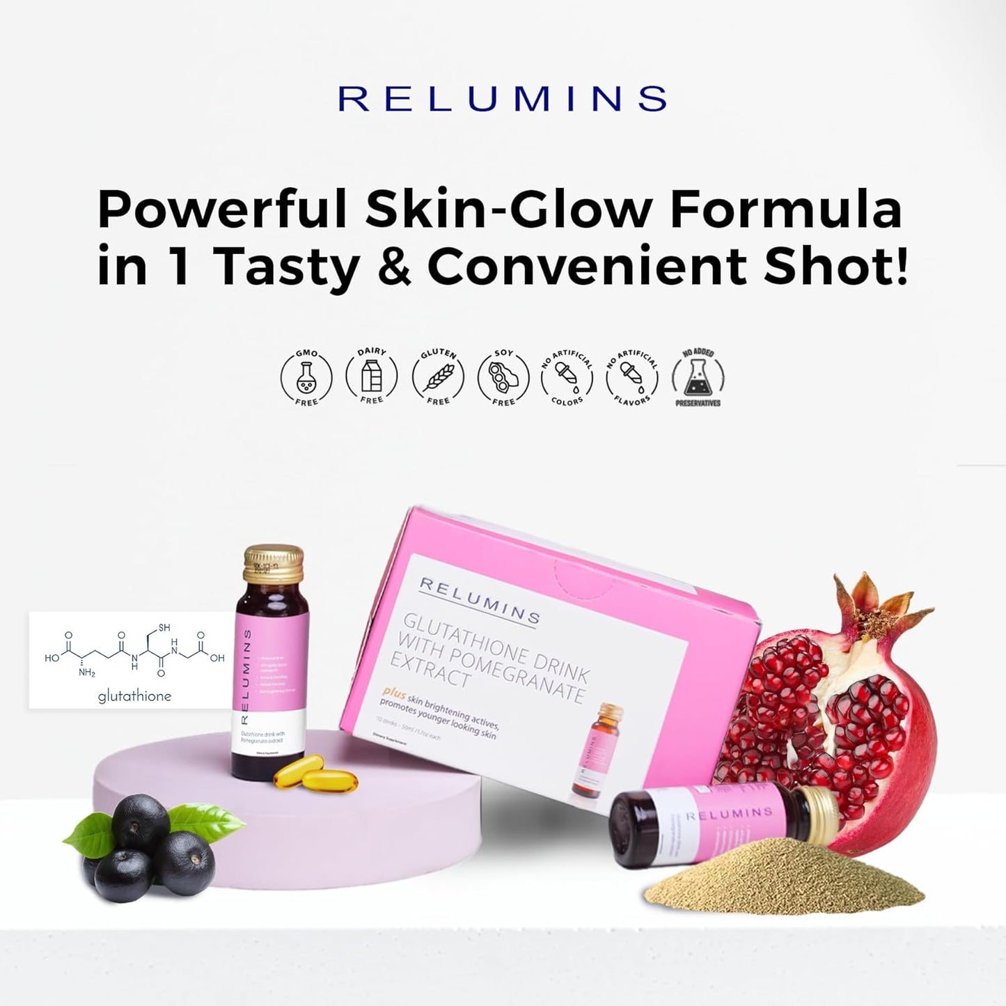 Relumins Glutathione Drink - Pomegranate Flavor, 50mL x 30 Bottles - Enhances Skin Brightness, Firmness, and Youthful Appearance