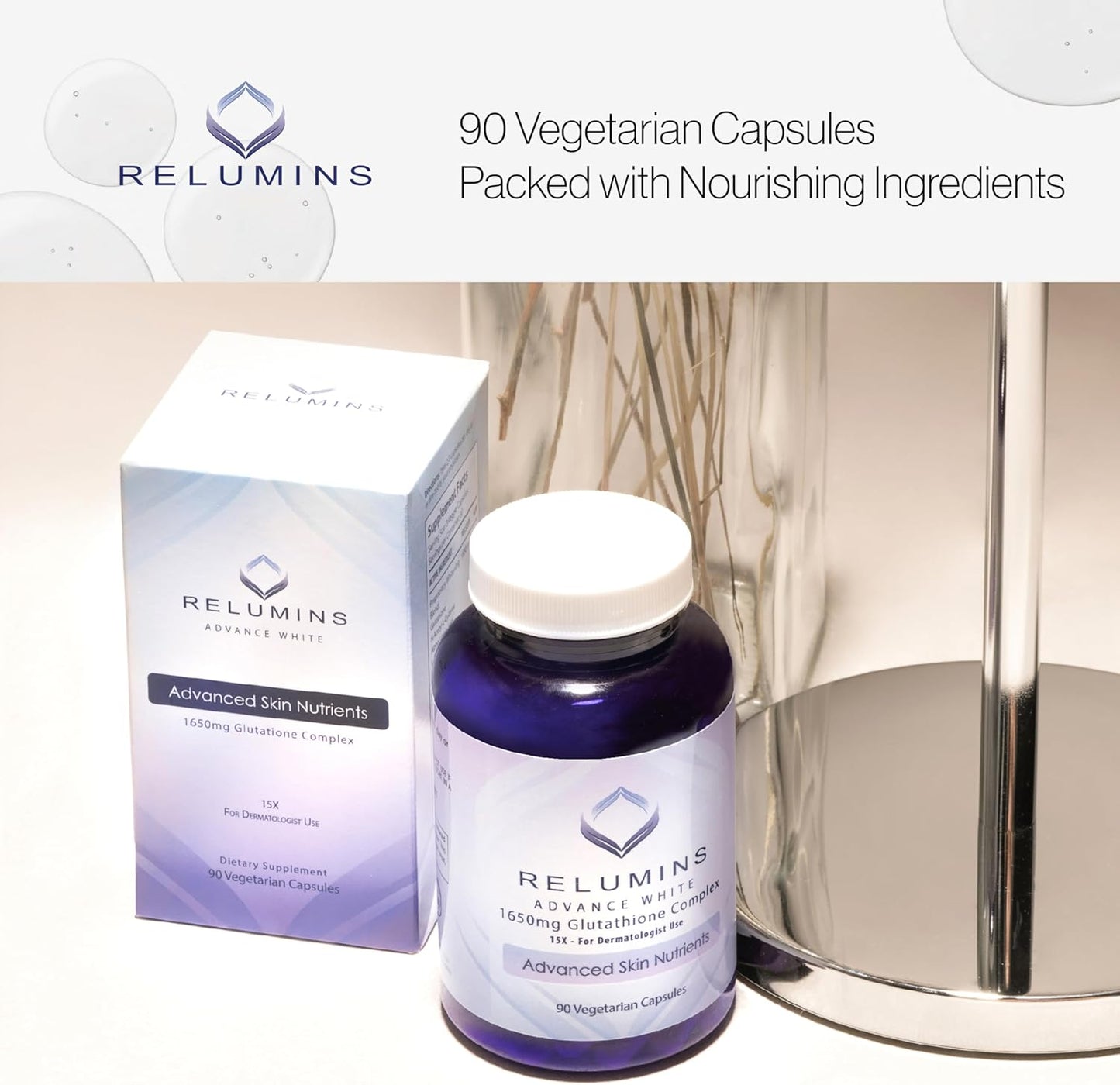 Relumins Glutathione Supplement - 1650mg Complex with Alpha Lipoic Acid & Vitamins - 180 Veggie Capsules