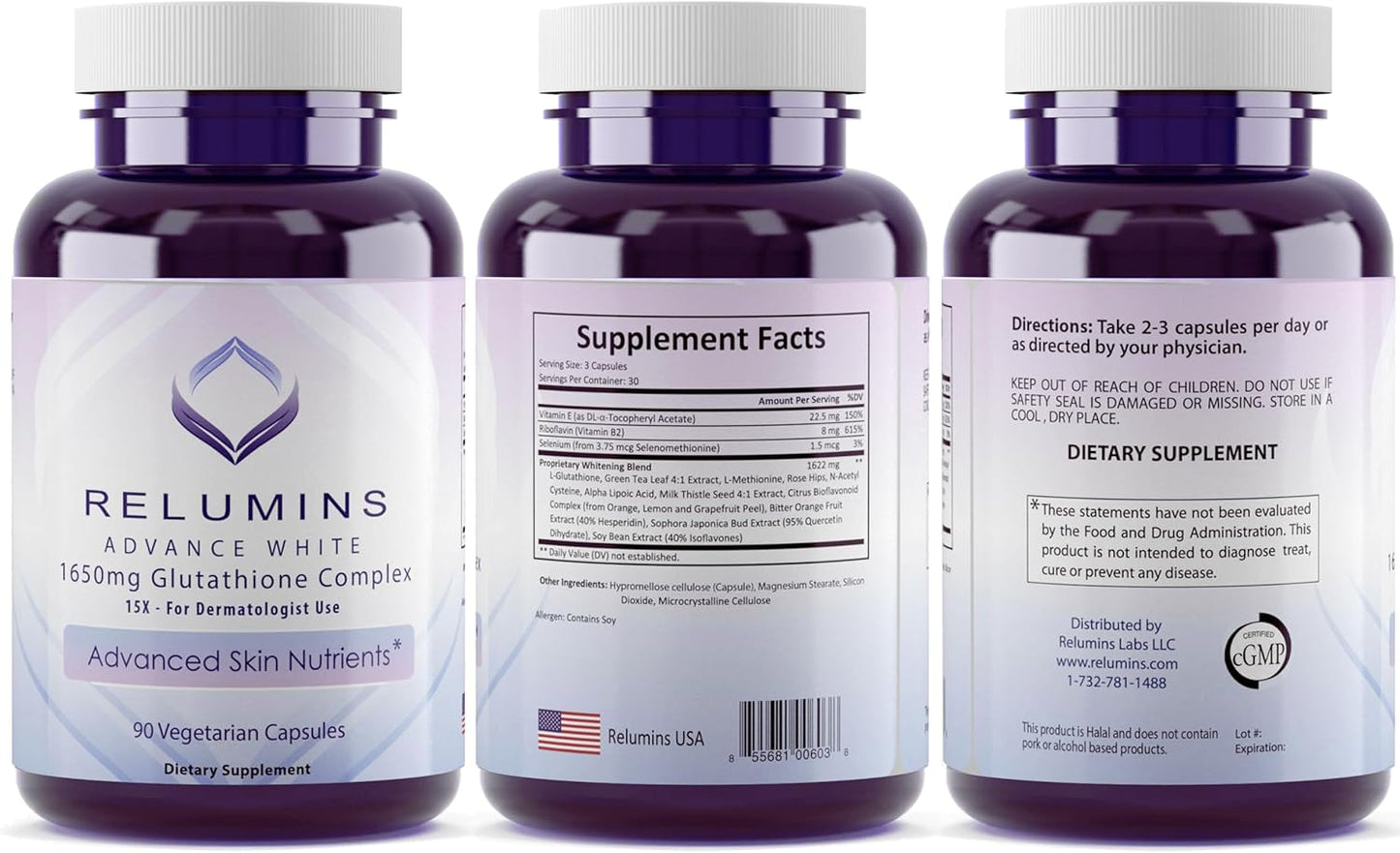 Relumins Glutathione Supplement - 1650mg Complex with Alpha Lipoic Acid & Vitamins - 180 Veggie Capsules