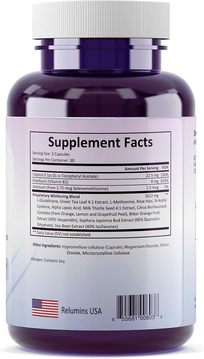 Relumins Glutathione Supplement - 1650mg Complex with Alpha Lipoic Acid, Rose HIPS, Vitamin E - 270 Veggie Capsules