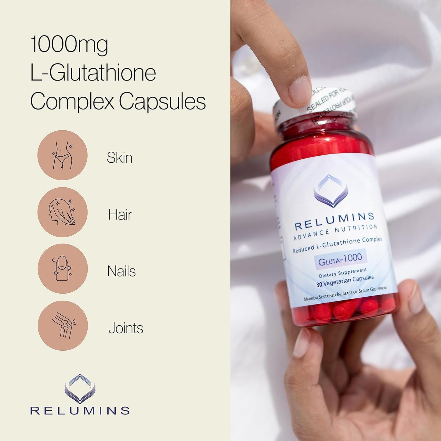 Relumins L Glutathione Complex Supplement - 1000mg Reduced Glutathione with Alpha Lipoic Acid & Rose HIPS - 30 Veggie Capsules - Brighten Skin