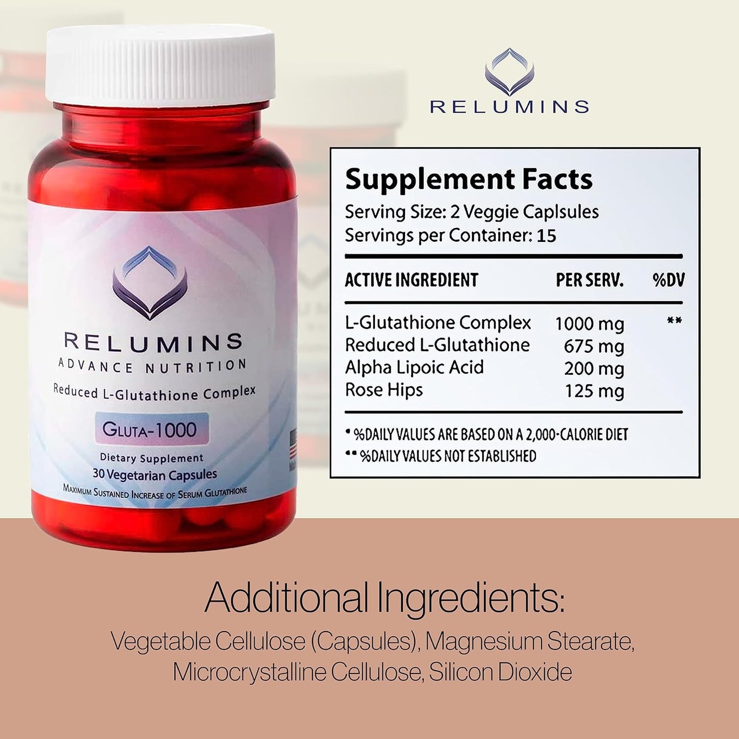 Relumins L Glutathione Complex Supplement - 1000mg Reduced Glutathione with Alpha Lipoic Acid & Rose HIPS - 30 Veggie Capsules - Brighten Skin