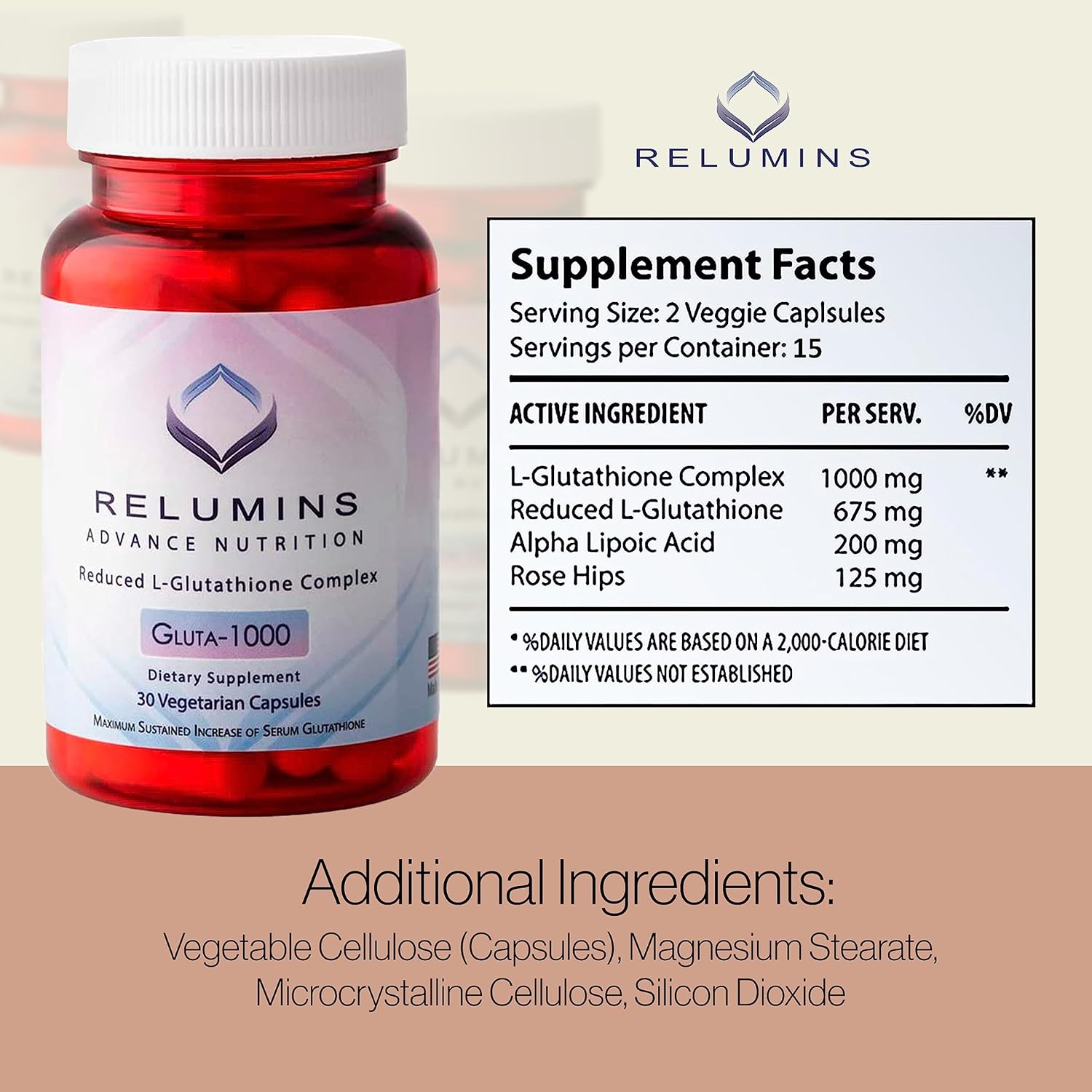 Relumins L Glutathione Complex Supplement - 1000mg Reduced Glutathione with Alpha Lipoic Acid & Rose HIPS - 30 Veggie Capsules - Brighten Skin