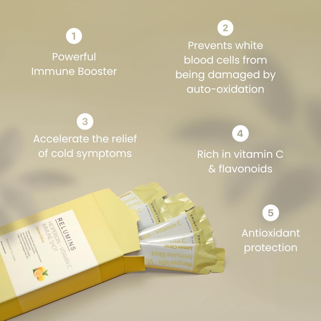 Relumins Vitamin C Shots with Hesperidin Lemon Citrus Bioflavonoids - 10 Packets for Immune Boost & Antioxidant Protection - 25ml Each